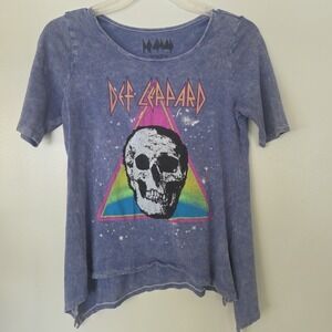 DEF LEPARD 2015 Blue Shark Bite Hem Womens Punk Rock Skull Cosmic T-shirt XSmall